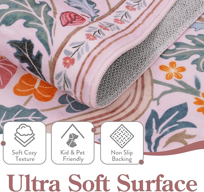 Moynesa Floral 8x10 Area Rugs for Living Room, Washable Large Pink Bedroom Rug 8x10, Non Slip Ultra Thin Boho Flower Indoor Floor Carpet for Girls Room Nursery Playroom, Pink