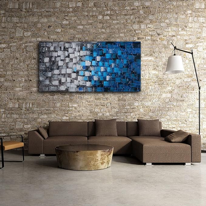 Textured Abstract Squares Canvas Wall Art Modern Dark Blue and Silver Oil Painting 100% Hand Painted 3D Effect Artwork Frame Ready to Hang Decor for Home and Office 40x20inch