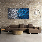 MyArton Large Abstract Dark Blue and Silver Painting Pictures Modern 3D Textured Squares Wall Art on Canvas for Home and Office Decoration Framed Ready to Hang 60x30inch