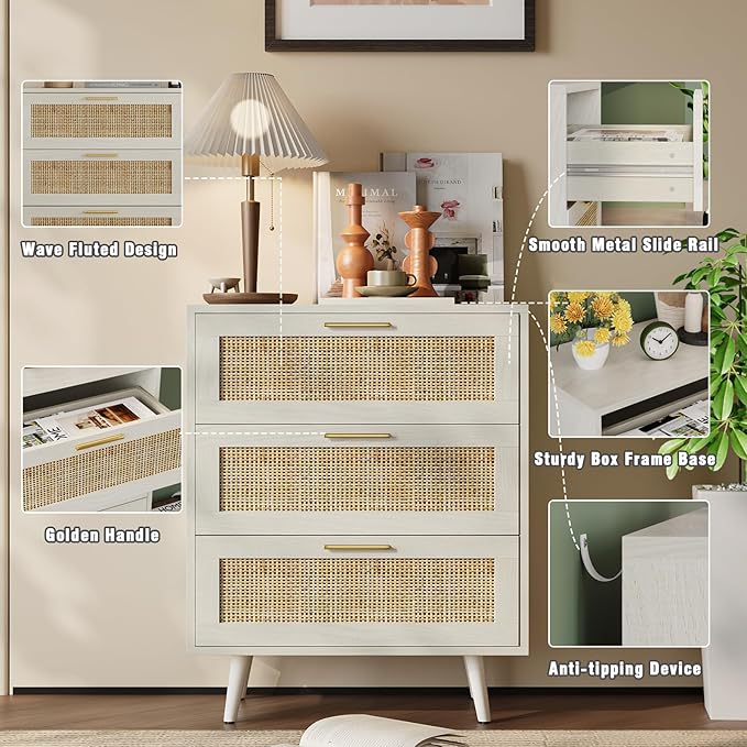 Rattan Night Stand Boho End Table with 3 Storage Drawer Wooden Bedside Tables Bed Side Table Accent Tables for Bedroom Small Space (White Cream Oak)