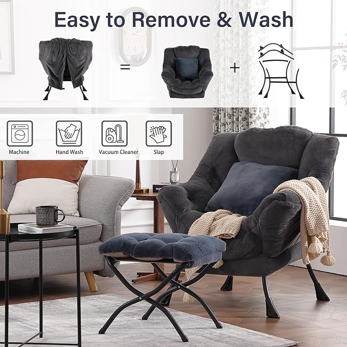Lazy Chair with Ottoman, Large Blue Gray Lounge Accent Chair with Ottoman and FA Throw Pillow, Comfy Plush Reading Chair for Living Room Bedroom Dorm Room Office Apartment Relaxing Use