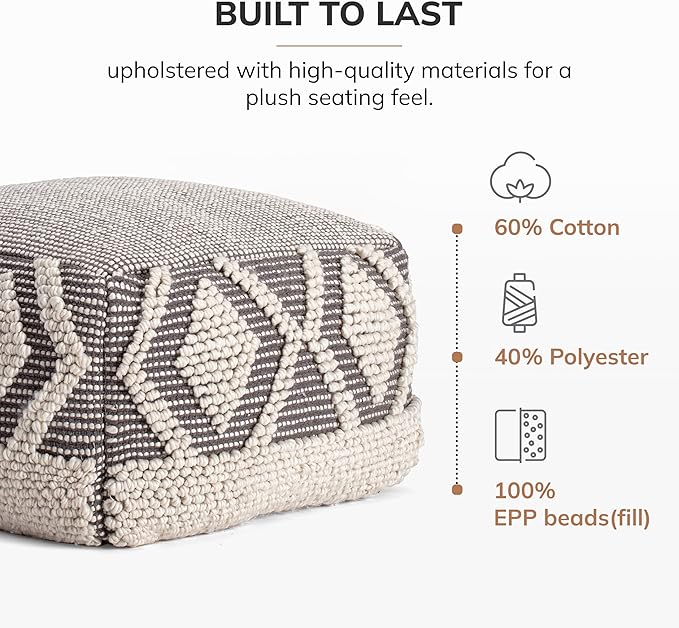 Anji Mountain 100% Handmade & Handcrafted Comfortable Home Décor Pouf Ottoman Footrest for Living Room, Bedroom, Nursery, Kidsroom, Patio Furniture - (22" x 22" x 16"- Gray,Ivory)