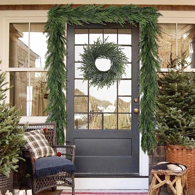 20 Inch Norfolk Pine Winter Wreath (Green & White) - Artificial Pine Greenery Christmas Winter Wreaths for Front Door Porch Wall Window Porch Fireplace Indoor Outdoor Decor Decorations