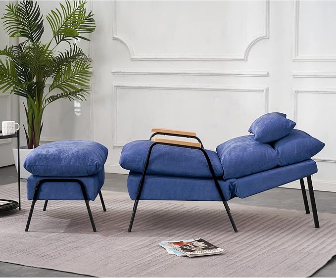 MCombo Accent Recliner Chair with Ottoman, Modern Fabric Armchair, Upholstered Sofa Bed for Living Room Bedroom, Small Space 4055 (Black Frame, Blue)