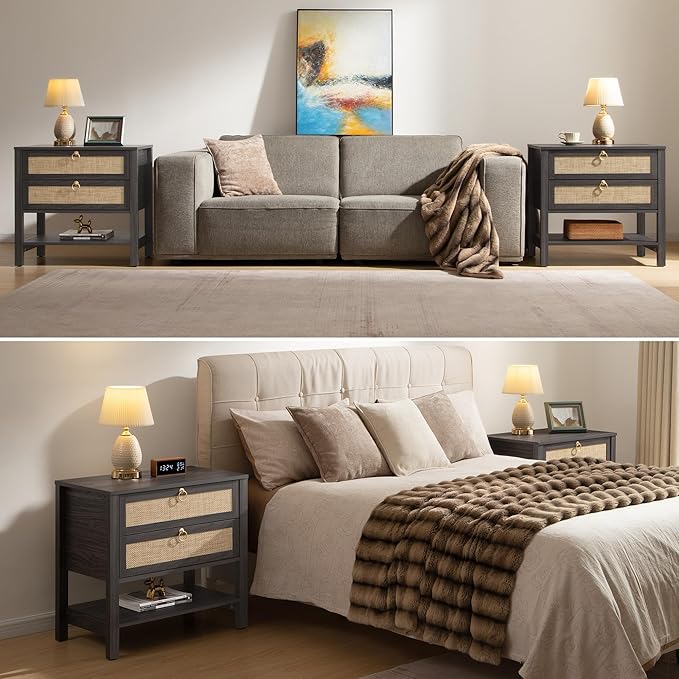 SICOTAS Nightstands Set of 2 for Bedroom, Bedside Tables with Drawer & Open Shelf, Modern Boho Nightstand Set for Master Bedroom