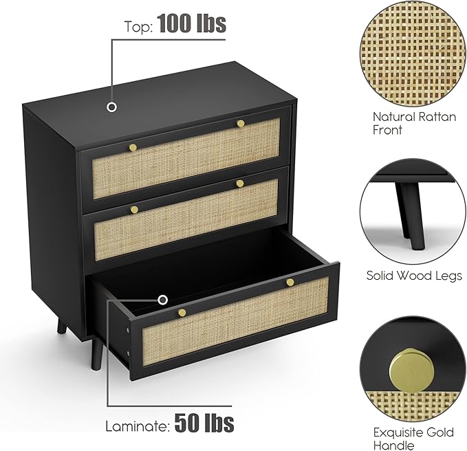 Anmytek Black Dresser for Bedroom with 3 Drawers, Modern Wood 3 Drawer Dresser, Black Chest of Drawer with Spacious Storage Rattan Dresser for Bedroom Living Room H0075