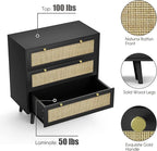Anmytek Black Dresser for Bedroom with 3 Drawers, Modern Wood 3 Drawer Dresser, Black Chest of Drawer with Spacious Storage Rattan Dresser for Bedroom Living Room H0075