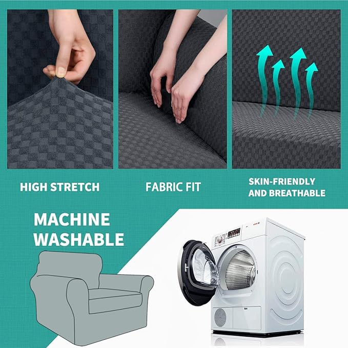 YEMYHOM Latest Checkered 2 Pieces Chair Covers for Living Room High Stretch Thickened Chair Slipcovers with Arms Anti Slip Elastic Armchair Sofa Couch Protector (Dark Gray), 31"-46"(1 Cushion)