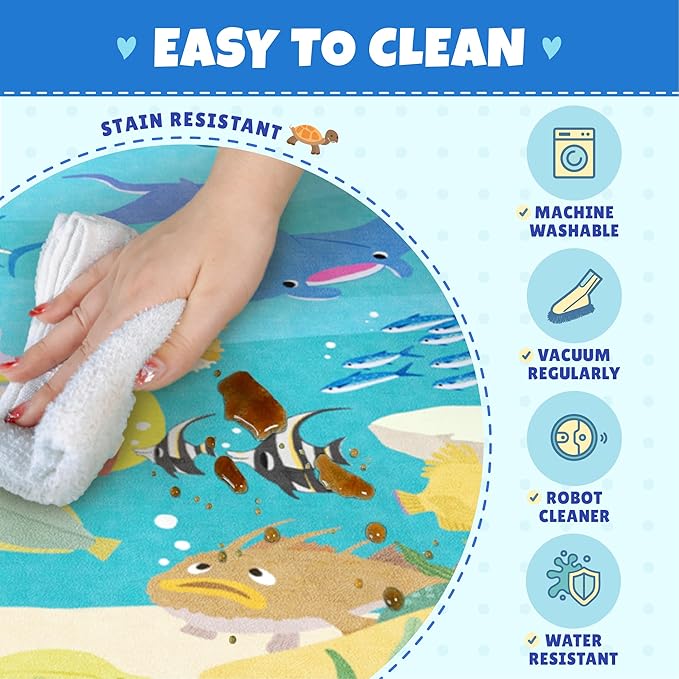 3x5 Small Kids Rug for Bedroom - Washable Soft Ocean Themed Rug for Kids Room, Bathroom and Playroom – Sea Animal Playmat for Children, Toddler, Whale Mermaid & Marine Life Educational Learning Carpet