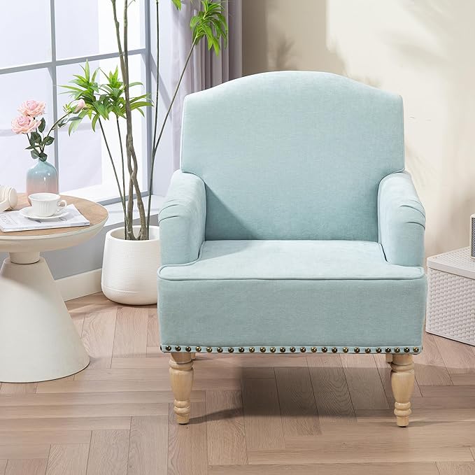 KEIKI Modern Accent Chair for Living Room and Bedroom,Upholstered Fabric Club Chair with Nailhead Trim, Solid Wood Frame, Retro Wooden Legs, Single Sofa Chair for Lounge and Reading
