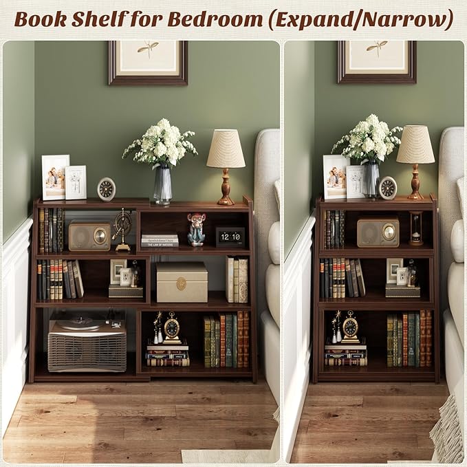 Armocity Book Shelf - Small Expandable Ladder Shelf, Short Corner Bookshelf for Small Spaces, 4 Tier Wood Narrow Bookcase, for Living Room, Bedroom, Entryway, Black Walnut