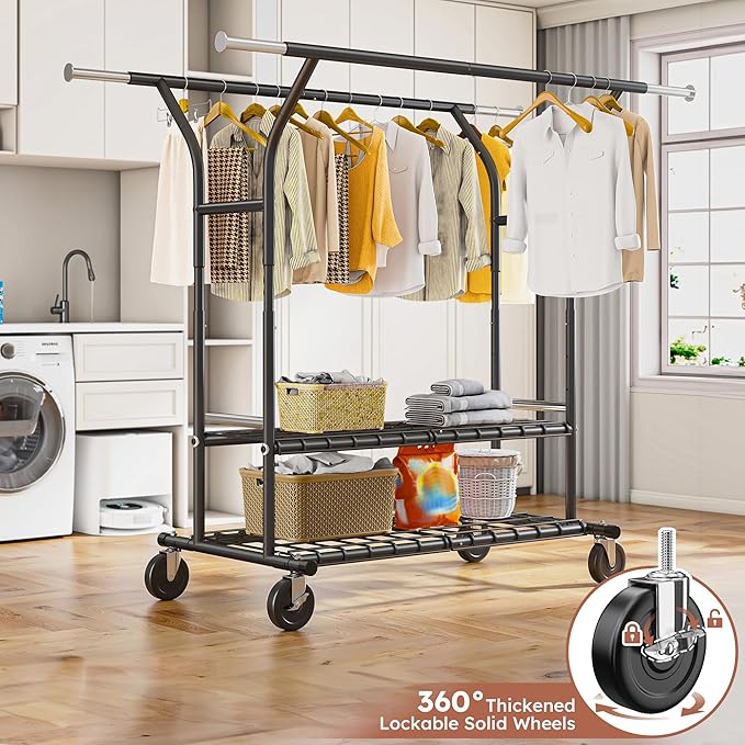 Raybee 74" W Heavy Duty Clothes Rack, Double Rods Clothing Rack Load 630 LBS, Rolling Clothes Racks for Hanging Clothes 400+, Garment Rack with shelves for Bedroom, Laundry Room, Retail Store