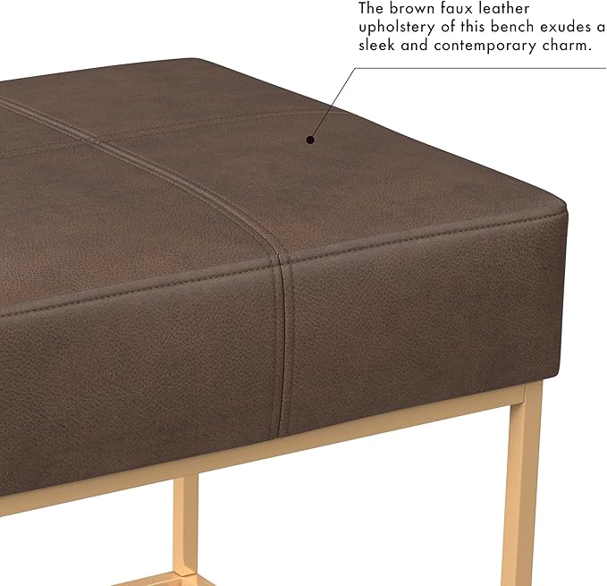 Homepop Decorative Large Square Gold Metal Ottoman | Ottoman Stool for Living Room & Bedroom | Decorative Home Furniture (Brown Faux Leather)