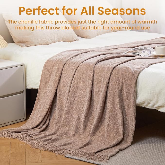 Light Taupe Chenille Throw Blanket for Couch Bed，Soft Cozy Throw Blanket with Handmade Fringe, Decorative Blanket for Sofa Chair Living Room for Gift