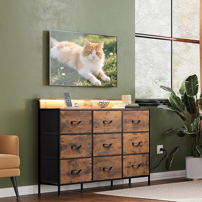 WLIVE Dresser TV Stand for 45, 50, 55 inch TV, Entertainment Center with LED Lights & Charging Station, Chest of Drawers with 9 Fabric Drawers and Open Shelves for Living Room, Hallway, Rustic Brown