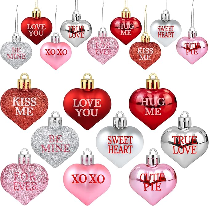 36 PCS Valentine's Day Heart Hanging Ornaments Red Pink Silver Glitter Heart Shaped Baubles Valentines Day Tree Hanging Decorations for Home Wedding Anniversary Party Decoration