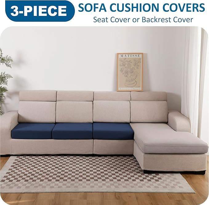Waterproof Couch Cushion Covers, Stretch Individual Sofa Seat Cover for Sectional L Shaped Sofa, Reversible Couch Furniture Protector for Pets (3-Piece Sofa Cushion Cover, Navy)