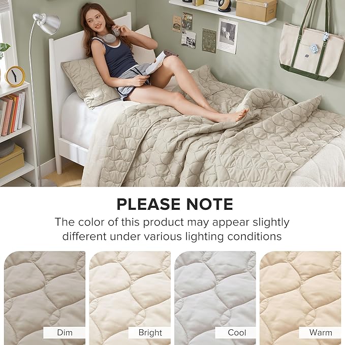 Comfort Spaces Twin Quilt Set Modern Reversible Ogee Coverlet Twin Bedding Set Cozy Quilted Winter Layer, All Season Lightweight Soft Twin Size Quilt, Kienna, Twin/Twin XL Beige 2 Piece