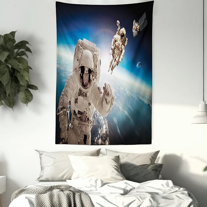 Ambesonne Outer Space Tapestry, Cosmonaut Crew in Universe Astronomy Atmosphere Astral Journey Inspired Image, Wall Hanging for Bedroom Living Room Dorm Decor, 40" X 60", Beige Blue