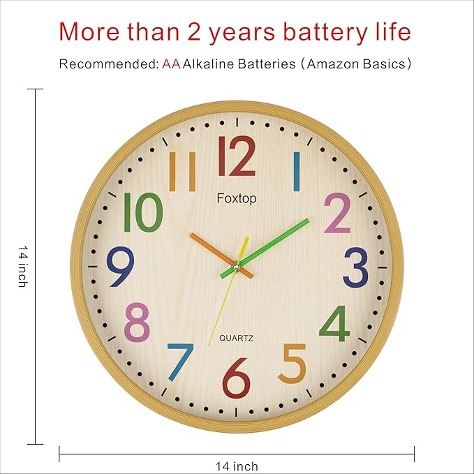 Foxtop 14 Inch Kids Wall Clock Silent Non-Ticking Battery Operated Colorful Childrens Wall Clock for Classroom Playroom Nursery Bedrooms Kids Room School
