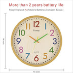Foxtop 14 Inch Kids Wall Clock Silent Non-Ticking Battery Operated Colorful Childrens Wall Clock for Classroom Playroom Nursery Bedrooms Kids Room School