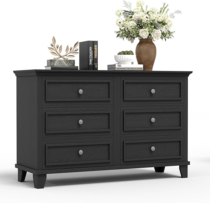 GarveeHome Farmhouse Black Dresser for Bedroom with 6 Drawer, Double Dresser TV Stand with Vintage Handle, Wide Wood Dressers & Chests of Drawers, 6 Drawer Dressers for Bedroom, Living Room, Hallway