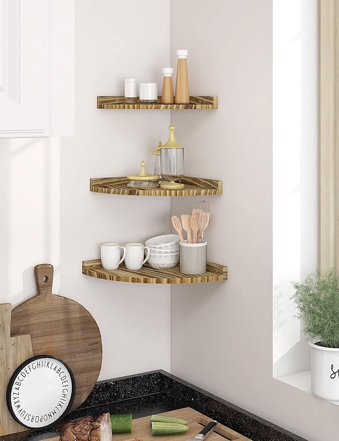 Corner Shelves Wall Mounted, Rustic Farmhouse Corner Floating Shelf, Solid Wood Storage Organizer Corner Wall Shelves for Living Room Bedroom Kitchen Bathroom Laundry, 9.68x9.68 Inch