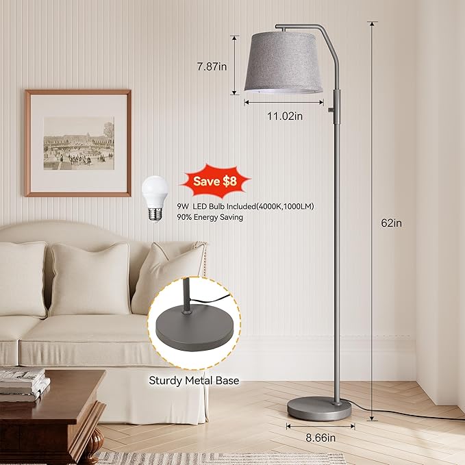 SUNMORY Floor Lamps for Living Room, 12W Bulb Included, Tall Lamp for Bedroom with Adjustable Head, Modern Standing Lamp, 0-100% Dimmable Arc Floor Lamp for Dining Room Office Nursery, Galaxy Gray