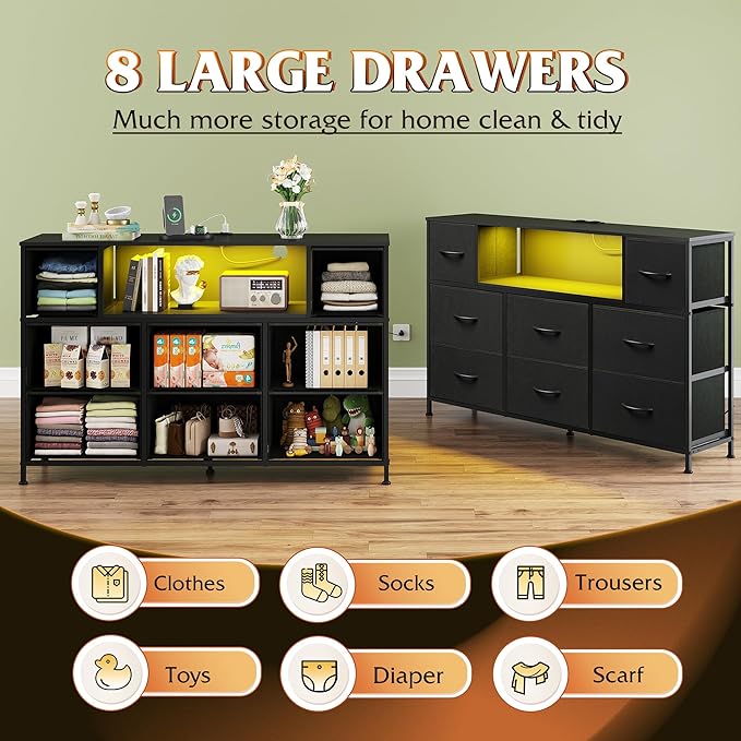 WLIVE Black Dresser TV Stand for 45, 50, 55 inch TV, Entertainment Center with LED Lights & Charging Station, Chest of Drawers with 8 Fabric Drawers and Open Shelves for Living Room, Hallway, Wood Top