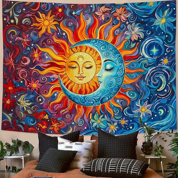 Sun and Moon Tapestry Boho Hippie Orange Red Blue Floral Tapestry for Bedroom Aesthetic Abstract Plant Flowers Stars Small Tapestries Wall Hanging for Living Room Dorm 90 x 68 Inch