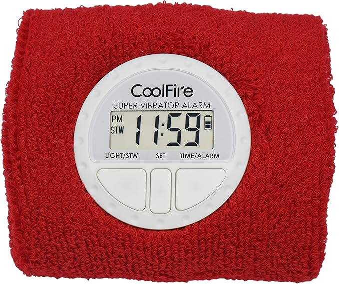 Coolfire Vibrating Alarm Clock - Silent Alarm Wristband Vibrating Alarm Watch. Silent Wrist Shock Alarm Clock. Vibration Alarm Bracelet Deep Sleeper & Vibrate Alarm (Black) (RED)
