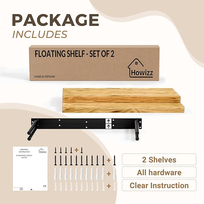 24'' Pine Wood Floating Shelves for Wall- Set of 2 - Rustic Wall Mounted Wooden Shelf for Stylish Home Décor - Natural Color - 24x6.5x1.25 Inches, 2pcs