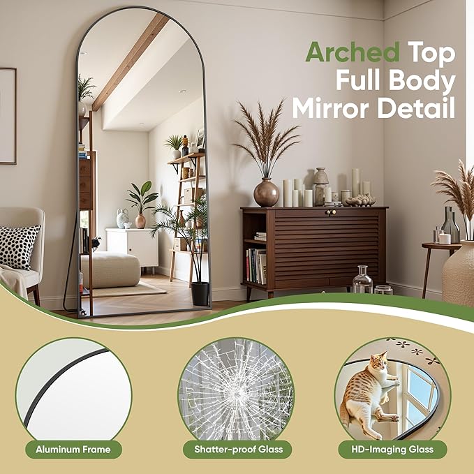 Full Length Mirror, 72"x32" Arched Full Body Mirror, Oversized Floor Mirrors, Leaning Free Standing Mirrors, Hanging Mounted Large Mirrors for Bedroom Dressing Room, Cloakroom, Black