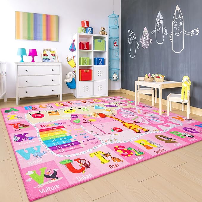Chicrug Educational Kid Area Rug for Playroom, 4x6 Feet TPR Non Slip Kids Classroom Carpet Rug for Learning ABC Animal, Shape Color Fruit, Washable Play Mat Rug for Children Nursery Toddler Room Decor