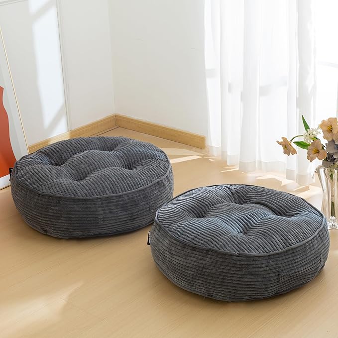6" Washable Floor Pillow Cushion for Adults, Meditation Cushion Pillow, Large Round Floor Sitting, Removable Tufted Corduroy Cover, for Tatami Living Room or Yoga, 22x22 Inch, 2Pack, Machine Washable