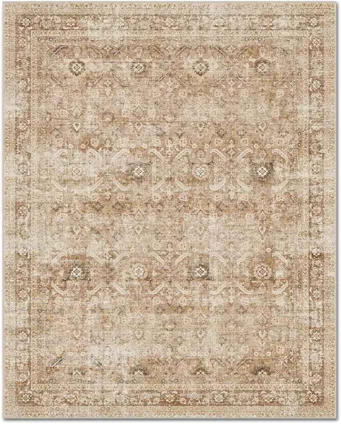 Washable 5x7 Area Rugs for Living Room, Boho Non-Slip Vintage Distress Rugs for Bedroom Dining Room Nursery Office, 0.3" Neutral Oriental Throw Thin Carpet with Cushioning Pad, Brown/White/Multi