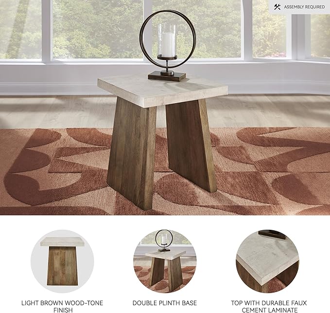 Signature Design by Ashley Brendalhouse Casual End Table with Faux Cement Top and Double Plinth Base, Solid Mango Wood, Melamine Laminate, Casually Cool Design, Light Brown & White