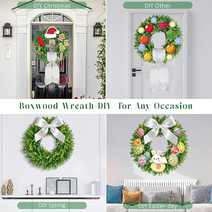 20''Boxwood Wreaths for Front Door,Artificial Spring Summer Wreath,Boxwood Wreaths with Sash,All Seasons Wreath for Farmhouse,Wedding,St Patrick's Day Decoration,Indoor & Outdoor