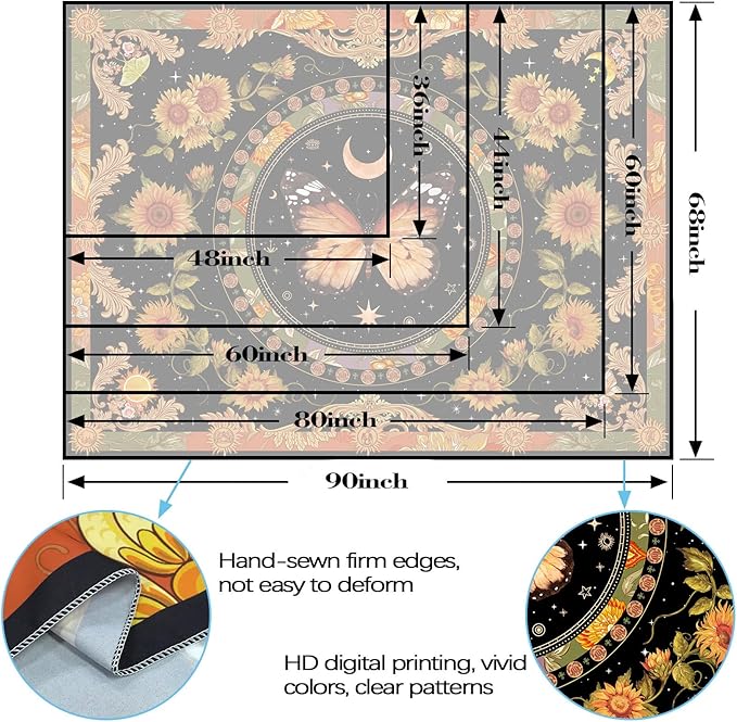 Accnicc Butterfly Floral Tapestry Vintage Indie Boho Flower Tapestries for Bedroom Aesthetic Retro Yellow Sunflower Moth Tapestry Wall Hanging for Dorm Living Room (90'' × 68'')