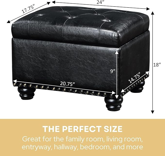 Convenience Concepts Designs4Comfort 5th Avenue Upholstered Storage Ottoman 24" - Contemporary Foot Stool and Seat with Hinged Lid for Living Room, Dining Room, Office, Den, Black Faux Leather