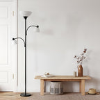 Brightech Sky Dome Double LED Floor Lamp, Torchiere Super Bright Floor Lamp with 2 Reading Lamps for Living Rooms & Offices - Dimmable Tall Standing Lamp for Bedroom Reading - Tall Black Pole