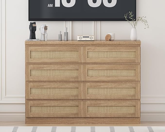 47 Inch Rattan 8 Drawer Dresser, Modern Farmhouse Chest of Drawers, Tv Stand Dresser Accent Furniture for Living Room, Bedroom, Entryway