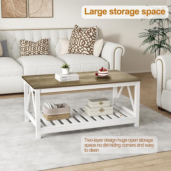 Farmhouse Coffee Table for Living Room, 2-Tier Rectangular Wooden Centre Cocktail Table with Slats Shelf Storage and V-Shaped Frame (Walnut Top)