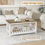 Farmhouse Coffee Table for Living Room, 2-Tier Rectangular Wooden Centre Cocktail Table with Slats Shelf Storage and V-Shaped Frame (Walnut Top)