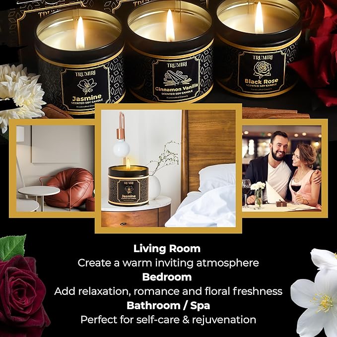 Candle Gift Set of 3 Cinnamon Vanilla|Jasmine|Black Rose Strong Scented Soy Candels Natural Non Toxic Velas Aromáticas Favors for Women Coworkers Friends Guests Also for Diwali Christmas Holidays