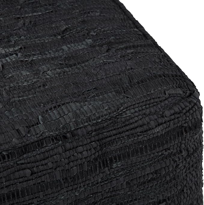 SIMPLIHOME Fredrik Square Pouf - 18 inch Wide Genuine Woven Leather Ottoman in Black, Boho-Style Footstool or Extra Seating for Living Room or Bedroom with Polystyrene Bead Filling, Assembled
