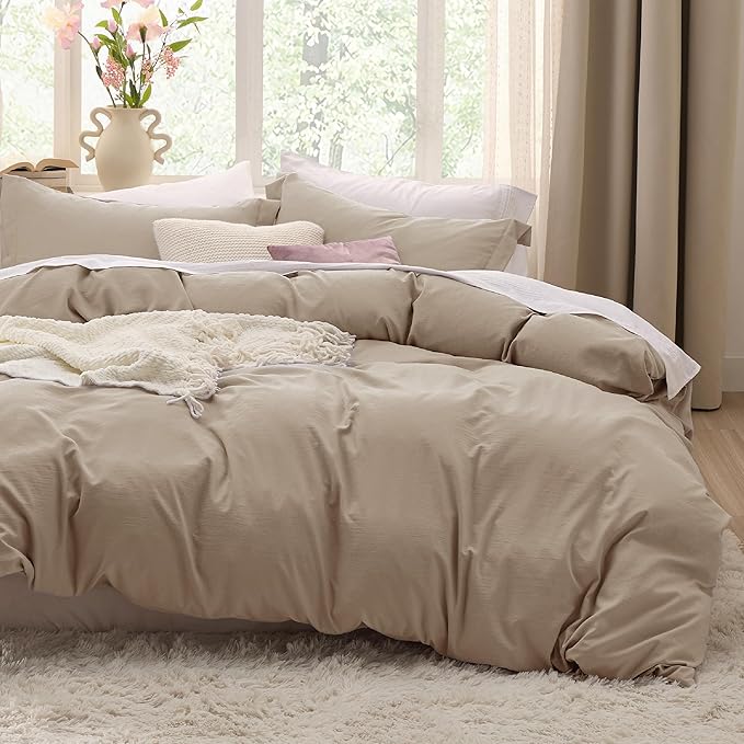 Bedsure Deep Beige Duvet Cover Full Size - 3 Pieces Prewashed Extra Soft Cotton-Like Bedding Set, Includes 1 Duvet Cover 80x90 Inches with Zipper Closure & 2 Pillow Shams, Comforter Not Included