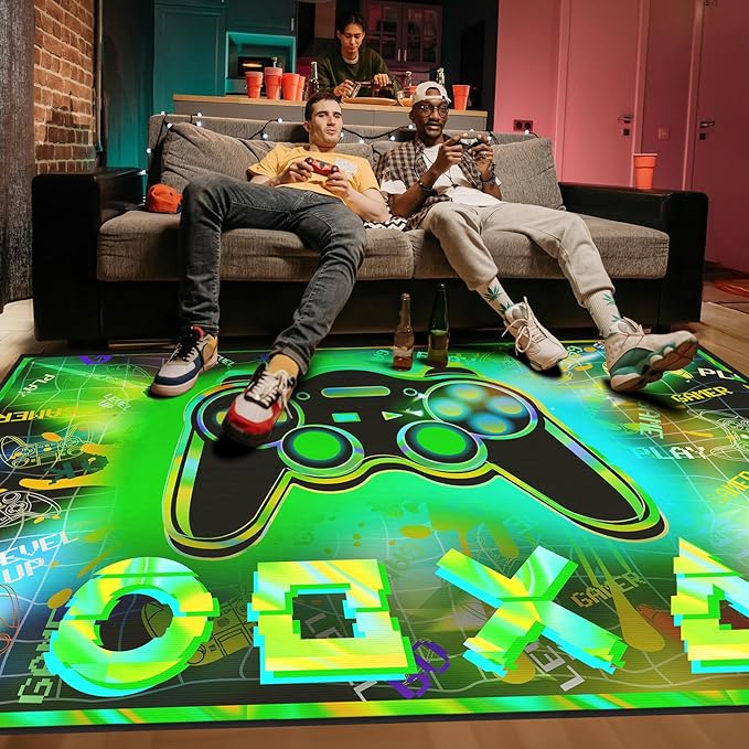 4x6 Gaming Rug for Boys Room - 3D Printed Gamepad Blacklight Game Rug Teen Boys Gaming Room Decor Large Area Carpet Vibrant Green Gamer Area Rug for Living Room,Bedroom,Game Room