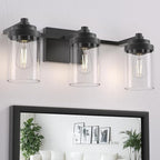 Bathroom Vanity Light Fixture, 3-Light Modern Black Vanity Light Fixtures with Clear Glass Shade, Matte Black Bathroom Light Fixtures Over Mirror, Rustic Restroom Lighting Fixtures