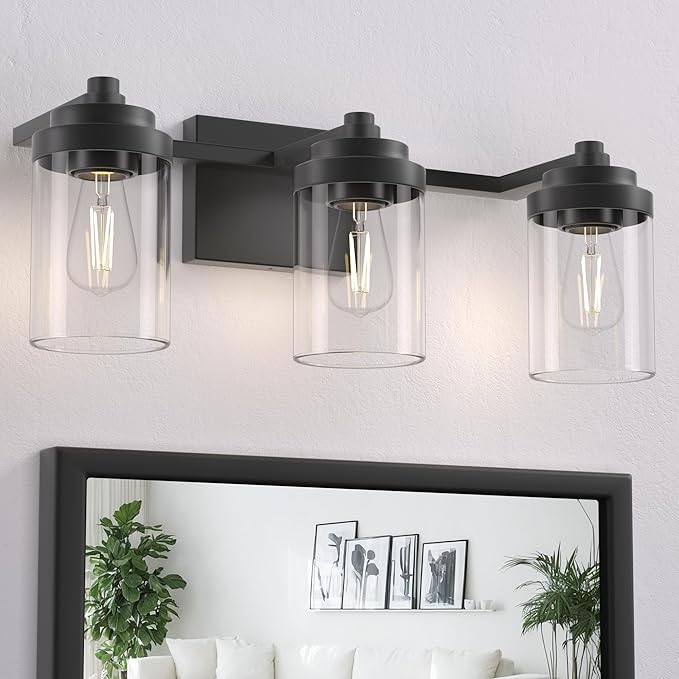 Bathroom Vanity Light Fixture, 3-Light Modern Black Vanity Light Fixtures with Clear Glass Shade, Matte Black Bathroom Light Fixtures Over Mirror, Rustic Restroom Lighting Fixtures